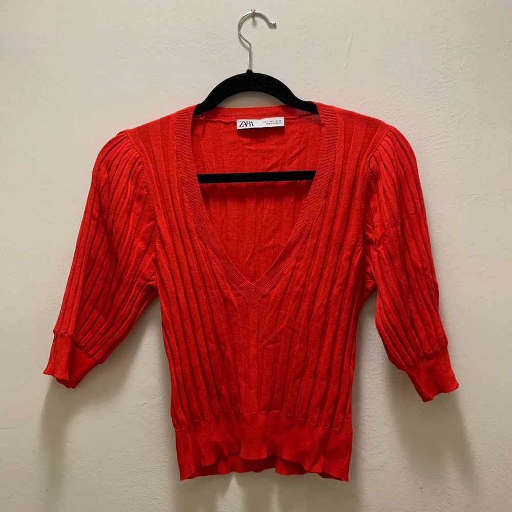 Zara Red Deep V Neck Sweater Top Size L